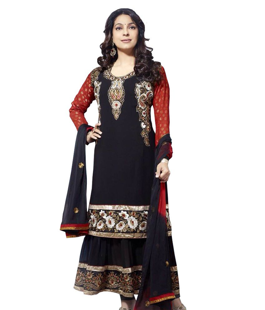 Khantil Juhi Chawla Black Georgette Long Anarkali Dress Material - Buy ...