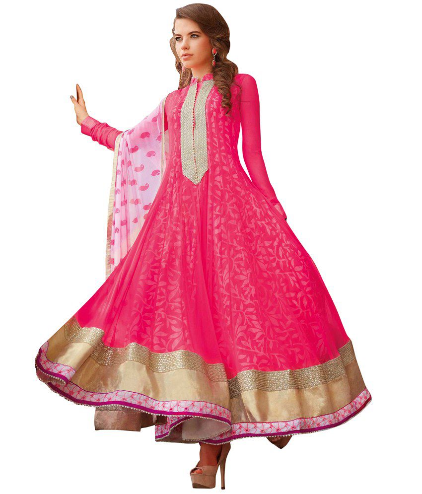 Pink and Beige Cotton Anarkali Dress Material