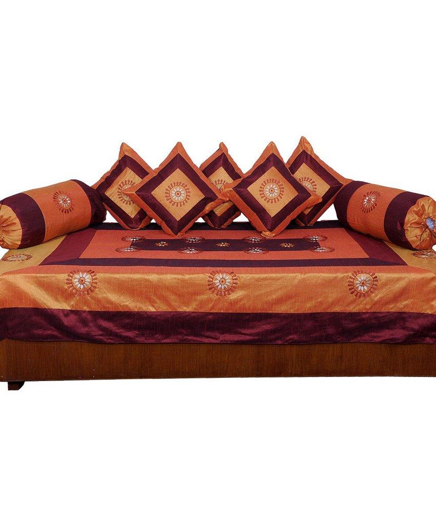 Fulkari Orange Embroidery Silk Diwan Bed Cover With 5 