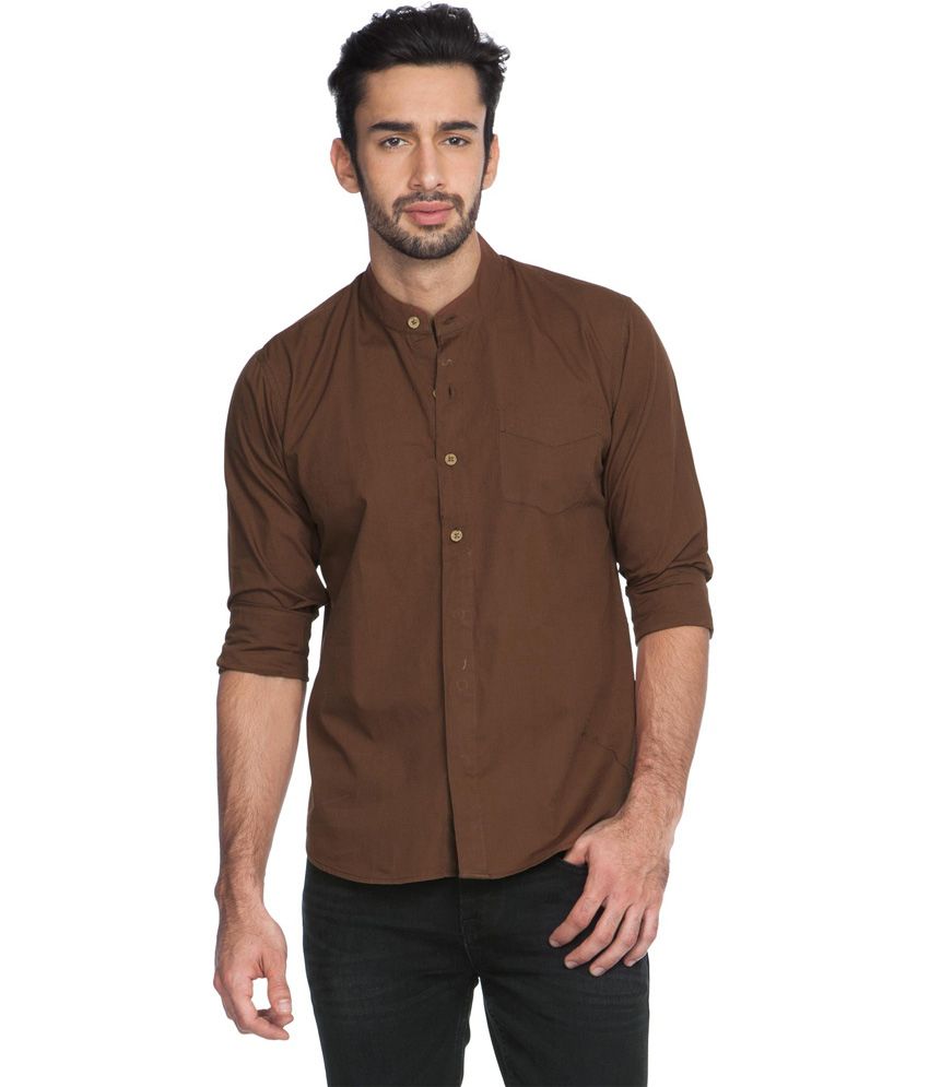 Zovi Regular Fit Solid Chocolate Brown Shirt With Mandarin Collar ...