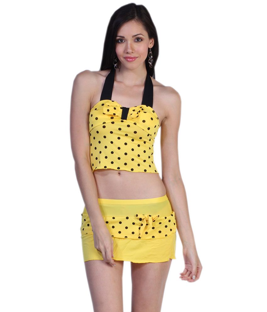 Buy Fascinating Lingerie Swim Sexy Polka Dot Tie Front Halter Yellow ...