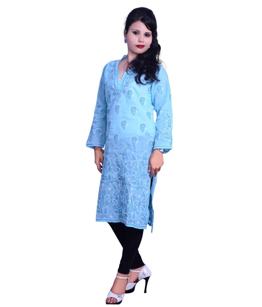 Modrich Chikan Handicrafts Blue Handcrafted Cotton Full Sleeves Long Kurti Buy Modrich Chikan