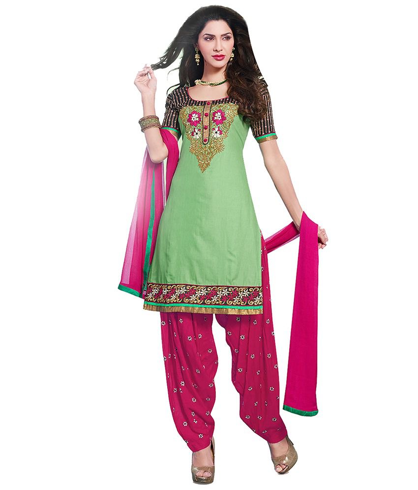 Tamanna Fashions Green Embroidered Cotton Unstitched Suit With Patiala ...