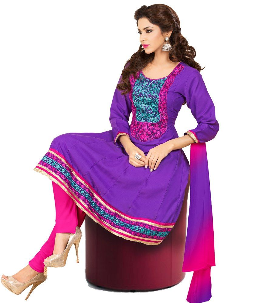 Desi Look Purple Cotton Anarkali Dress Material With Dupatta - Buy Desi Look Purple Cotton 