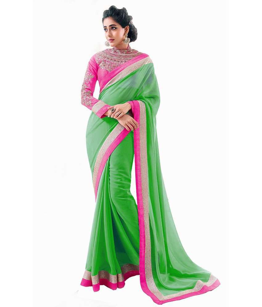 Vishal Saree Green and Pink Faux Chiffon Saree - Buy Vishal Saree Green ...