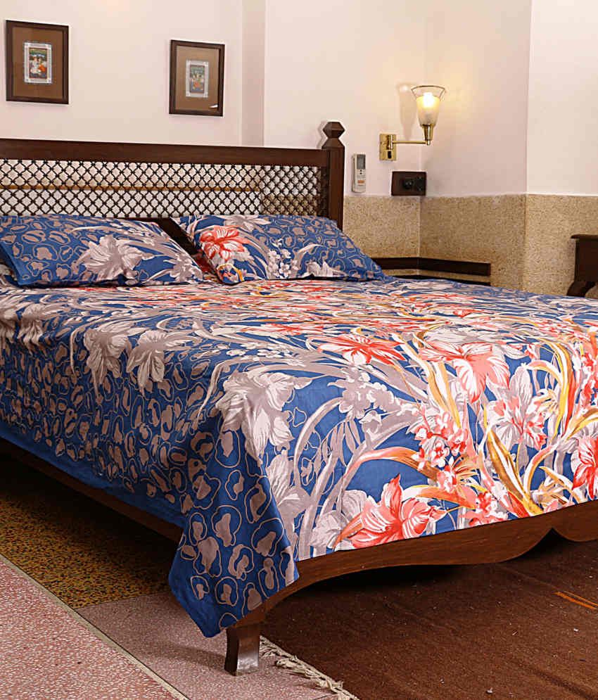 Rajasthani Sarees Blue Cotton Floral Printed Double Bed Sheet Buy