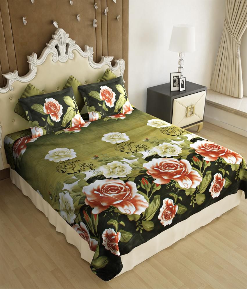     			Home Candy 3D Green & Peach Floral Poly Cotton Double Bed Sheet With 2 Pillow Covers