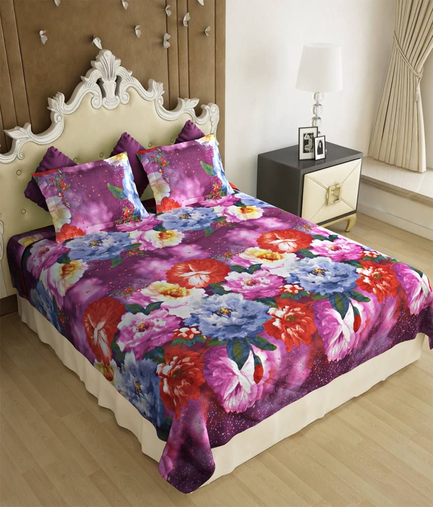 Home Candy 3d Purple And Pink Floral Poly Cotton Double Bed Sheet With 2 Pillow Covers Buy Home 6531