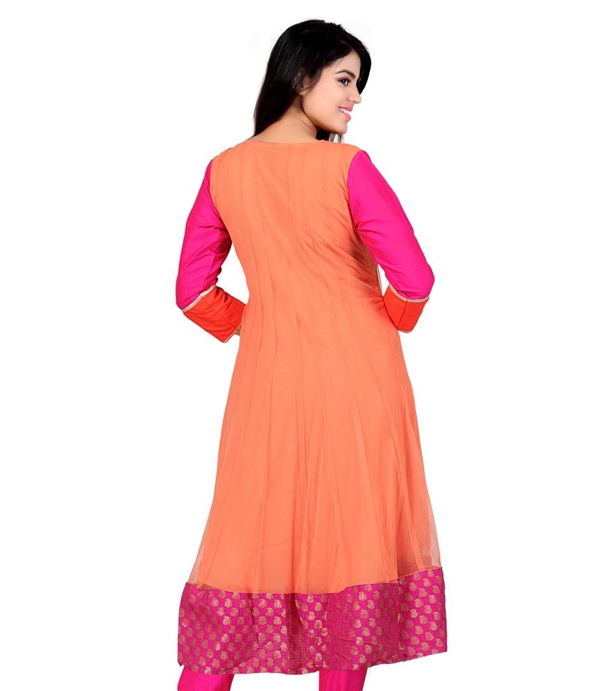 Lifestyle Retail Orange Net Handcrafted Round Neck 3/4th Sleeves Kurtis