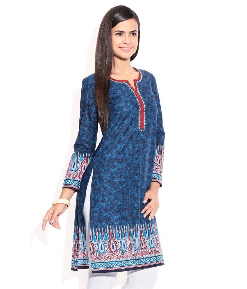 Biba Blue Printed Cotton Kurti - Buy Biba Blue Printed Cotton Kurti ...