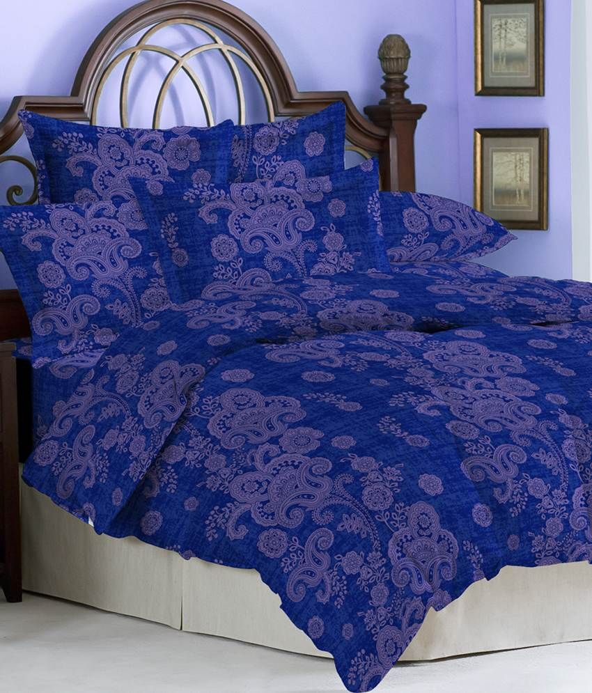 Bombay Dyeing Blue Paisley Poly Cotton Double Bed Sheet With 2 Pillow
