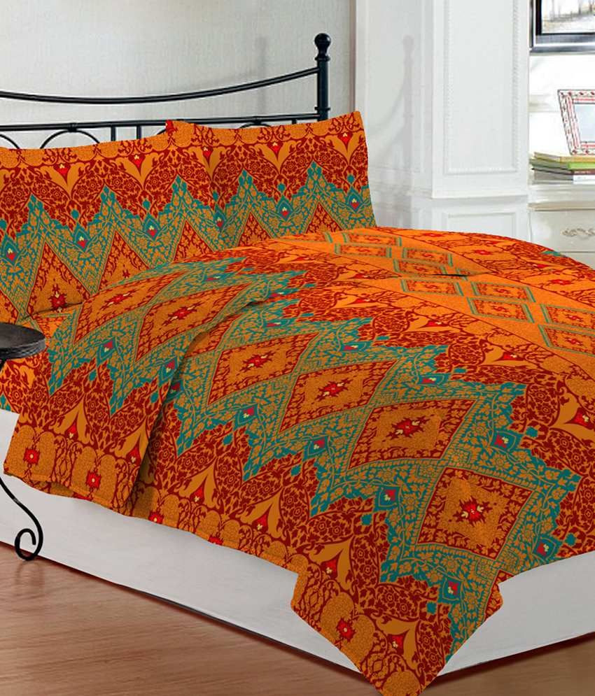 Bombay Dyeing Orange Ethnic Poly Cotton Double Bed Sheet With 2 Pillow