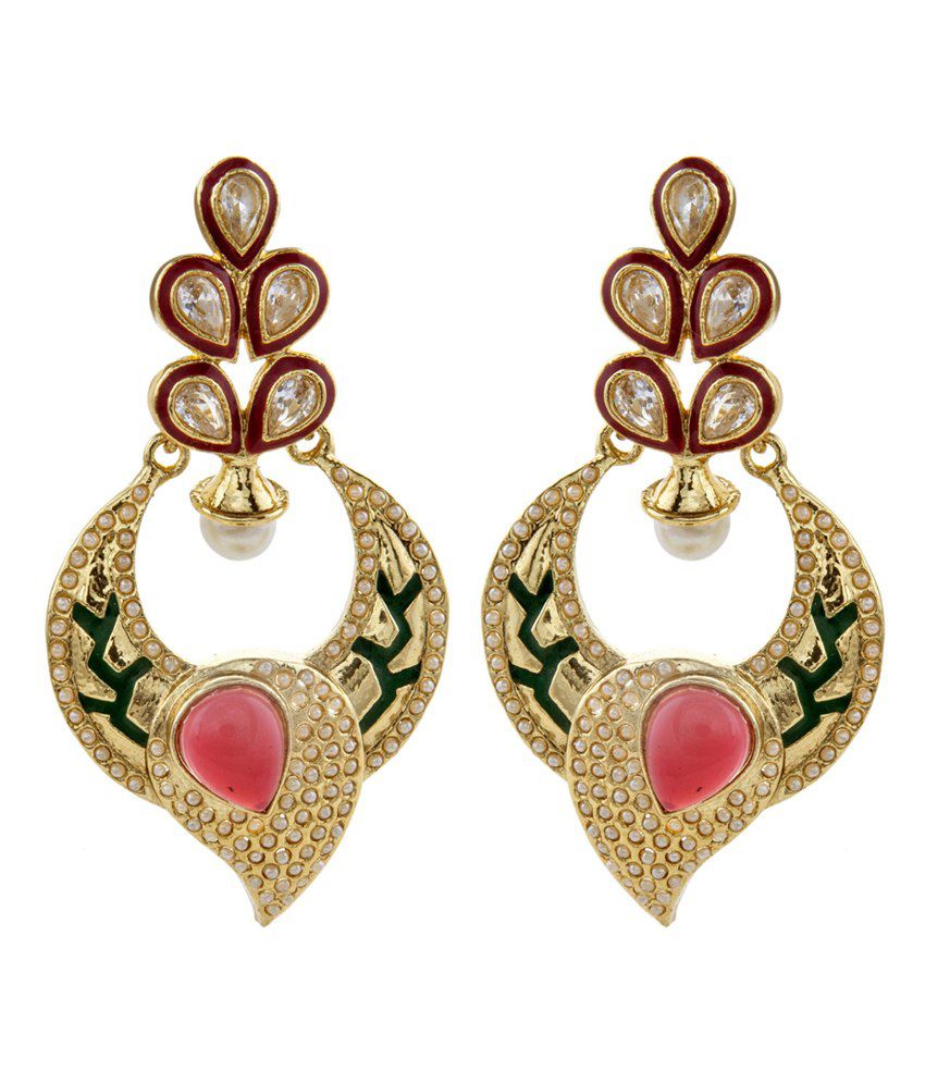    			The Jewelbox Gold Plated Pearl Red And Green Meenakari Enamel Paisley Ethnic Earring