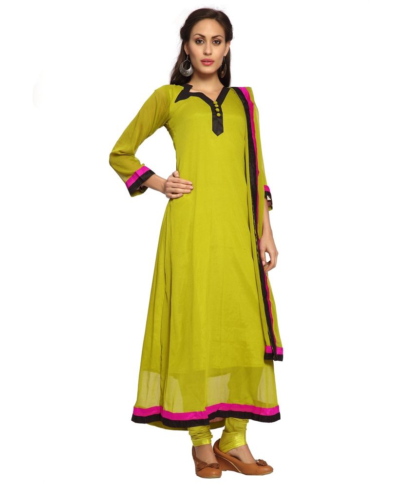 Designersareez Olive Green Chiffon Semi Stitched Anarkali Dress ...