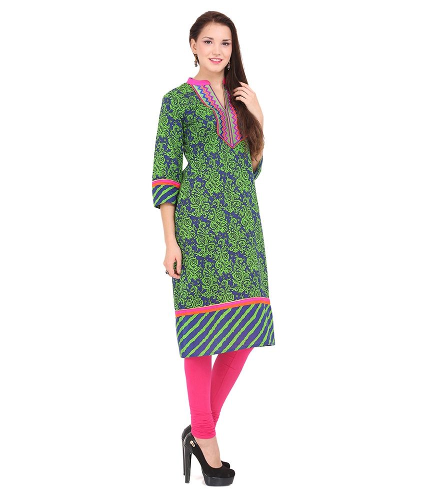 Lubaba Green 3/4 Sleeve Cotton Printed Kurti - Buy Lubaba Green 3/4 ...