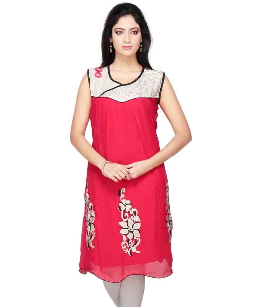 First Lady Cherry Red Embroidered Faux Georgette Round Neck Half Kurtis ...