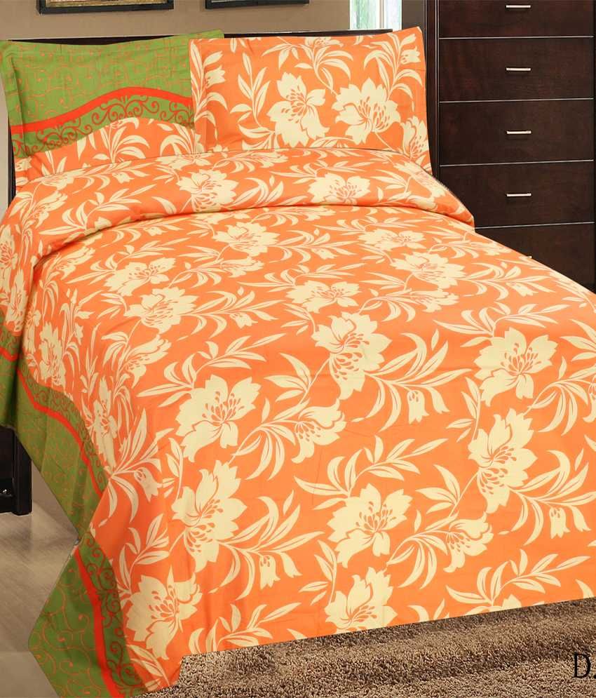 Goodwill Orange Floral Cotton Double Bed Sheet With 2