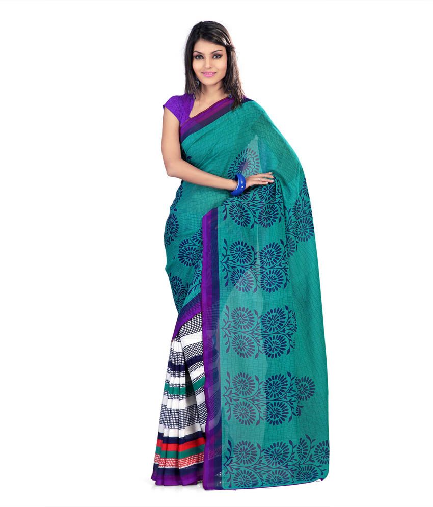 Rajesh Silk Mills Blue Faux Georgette Printed Saree With Blouse Piece