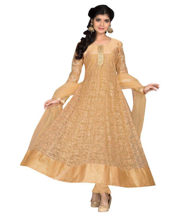 Madhubala Beige Embroidered Net Anarkali Dress Material - Buy Madhubala ...