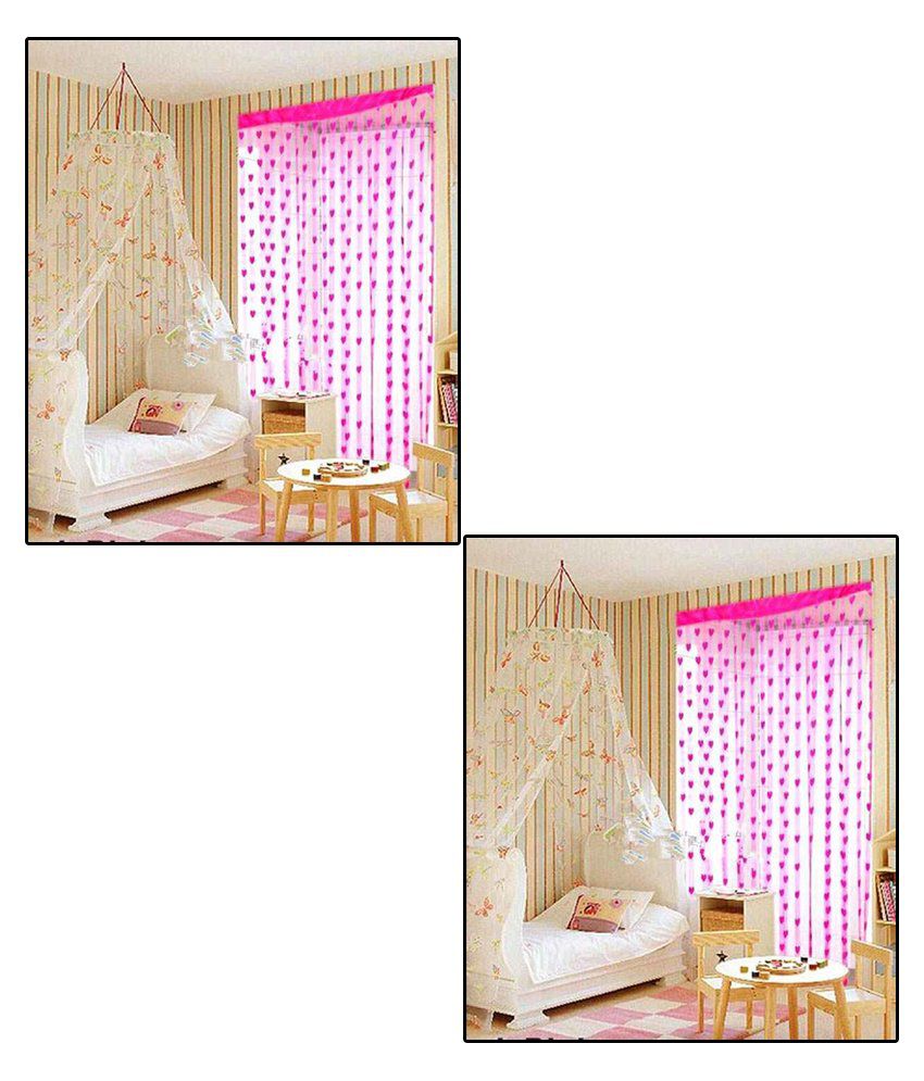     			Homefab India Set of 2 Door Eyelet Curtains Floral Pink