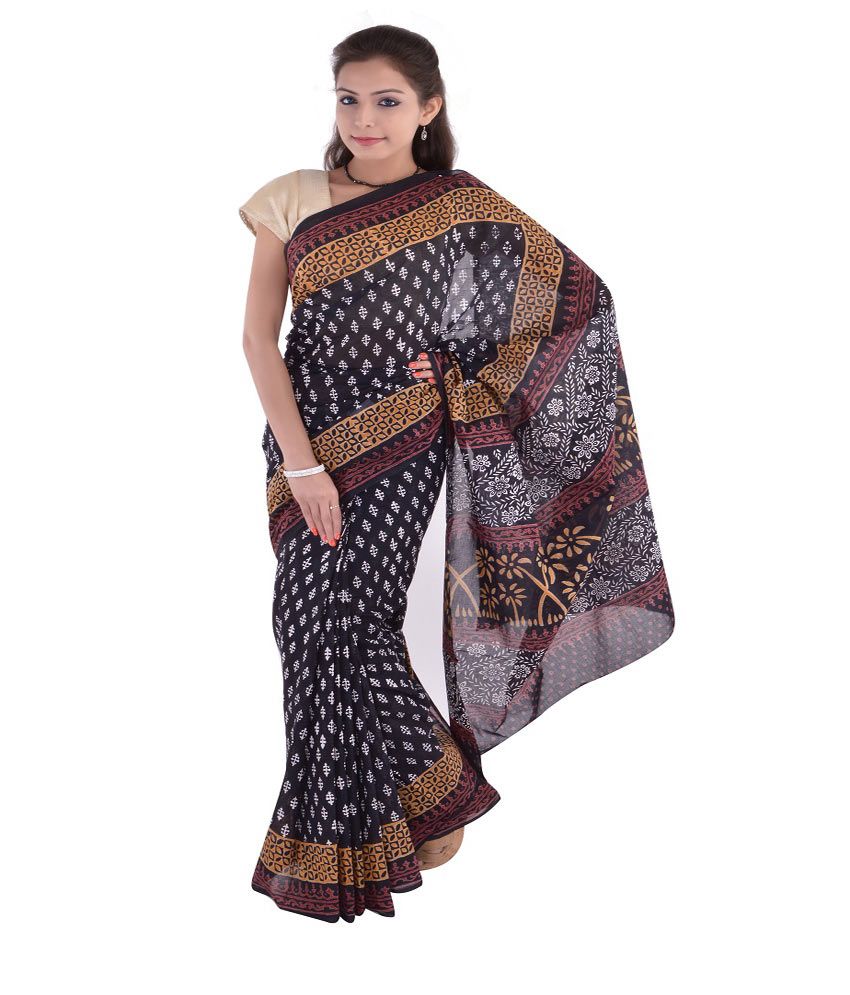 Bagru Hastkala Black Malmal Cotton Bagru Printed Saree With Blouse ...