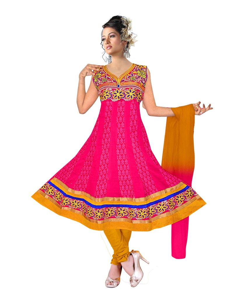 Multicolor Cotton Embroidered Anarkali Dress Material Buy