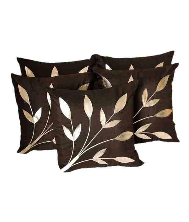     			Car vastra leaves pacth cushion cover brown 40X40 Cms (16X16 Inches) Set Of 5