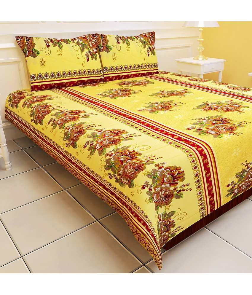 Vowsy Yellow Printed Double Bed Sheet Set With Pillow Covers - Buy