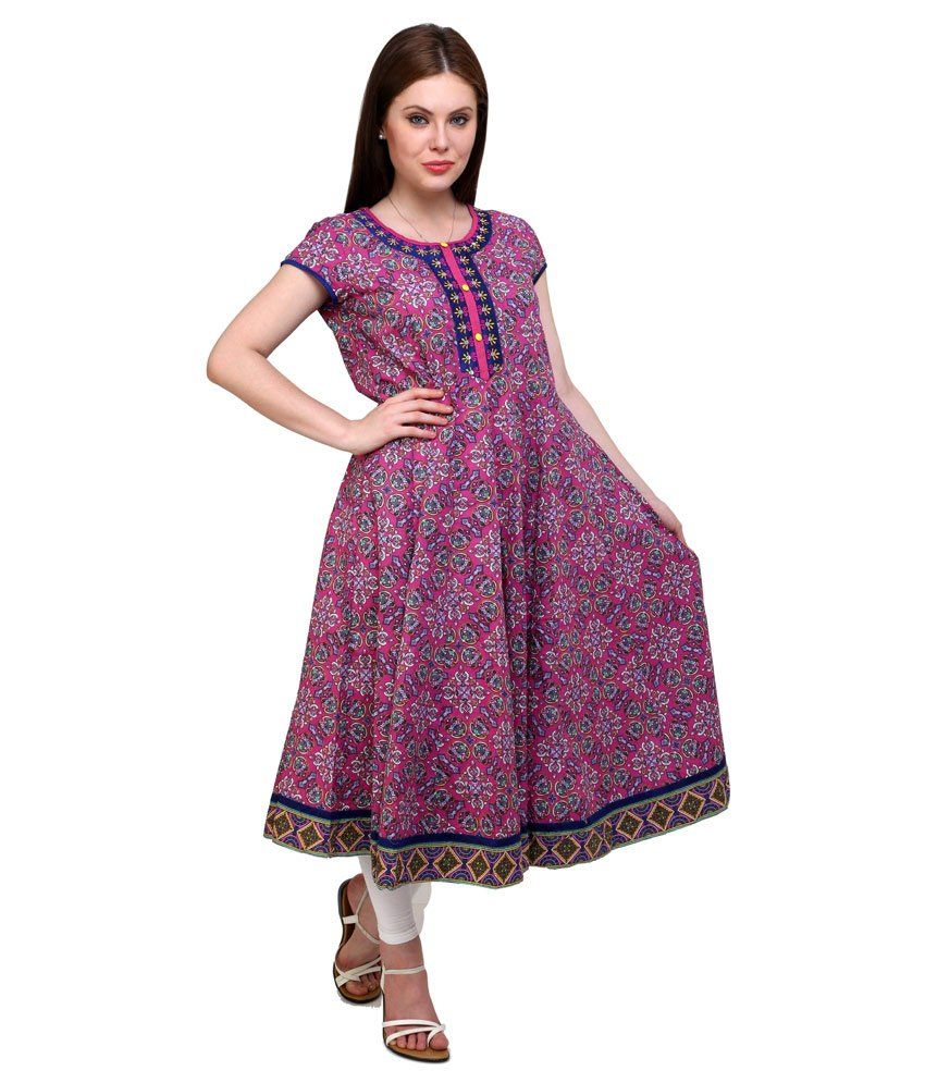 Prakruti Pink And Blue Cotton Anarkali Kurti - Buy Prakruti Pink And ...