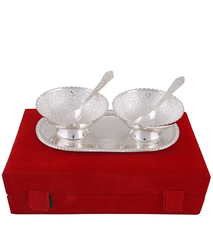 Hand-e-crafts Silver Plated 2 Brass Bowls & Spoon Set With Tray