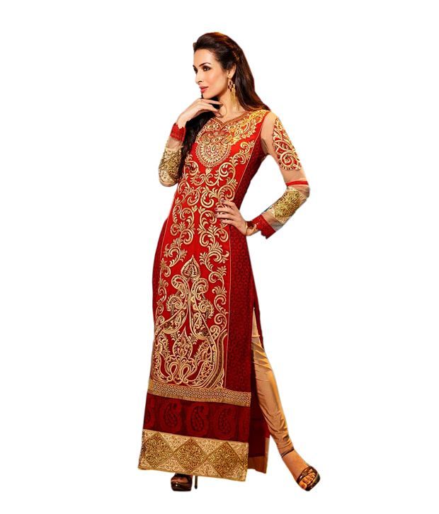 Rajnandini Ethnic Wear Embroidered Pure Georgette Red Semi Stitched ...