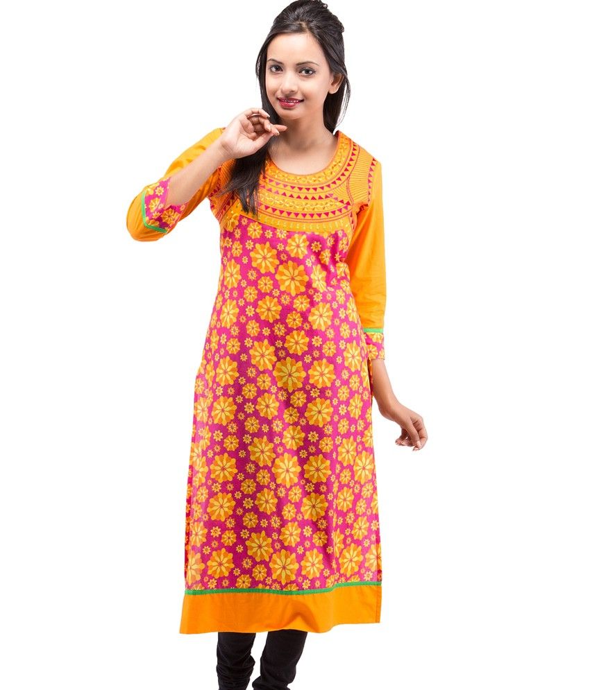 Stylet Pink Cotton Embroidered Round Neck Long Kurti - Buy Stylet Pink ...