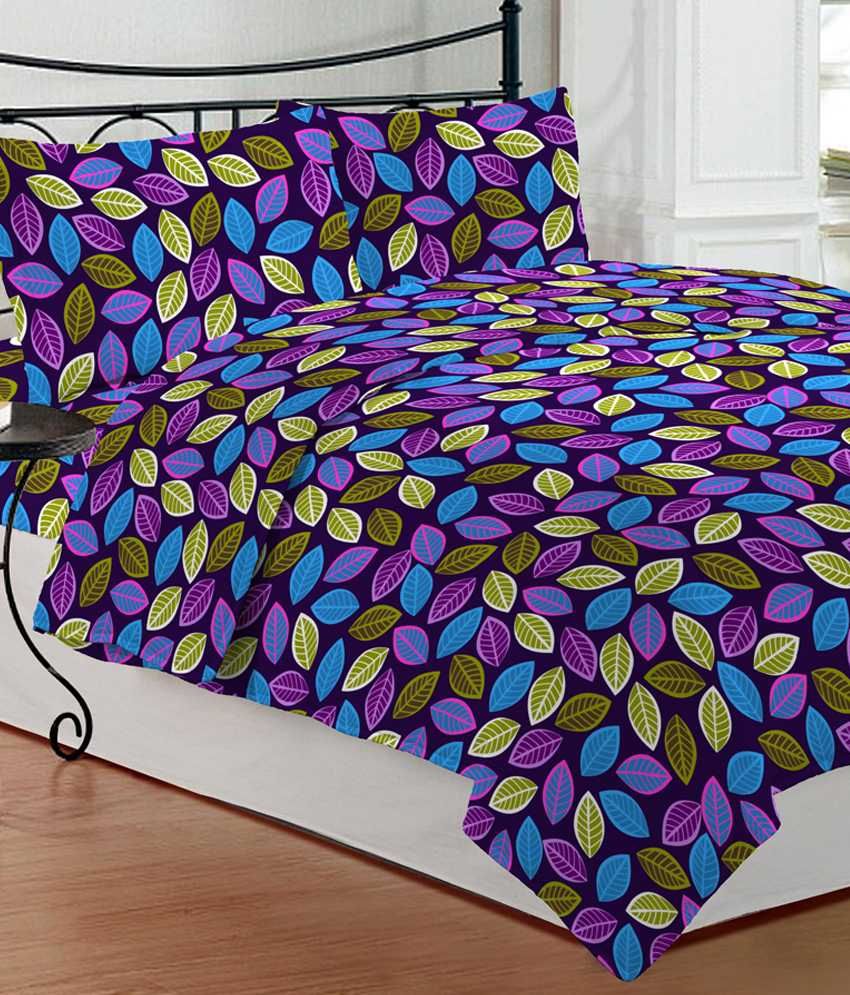 Bombay Dyeing Purple & Blue Natural Poly Cotton Double Bed Sheet With 2 Pillow Covers Buy