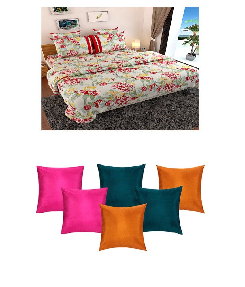 Sej By Nisha Gupta Multicolour Floral Cotton Double Bed Sheet With 2