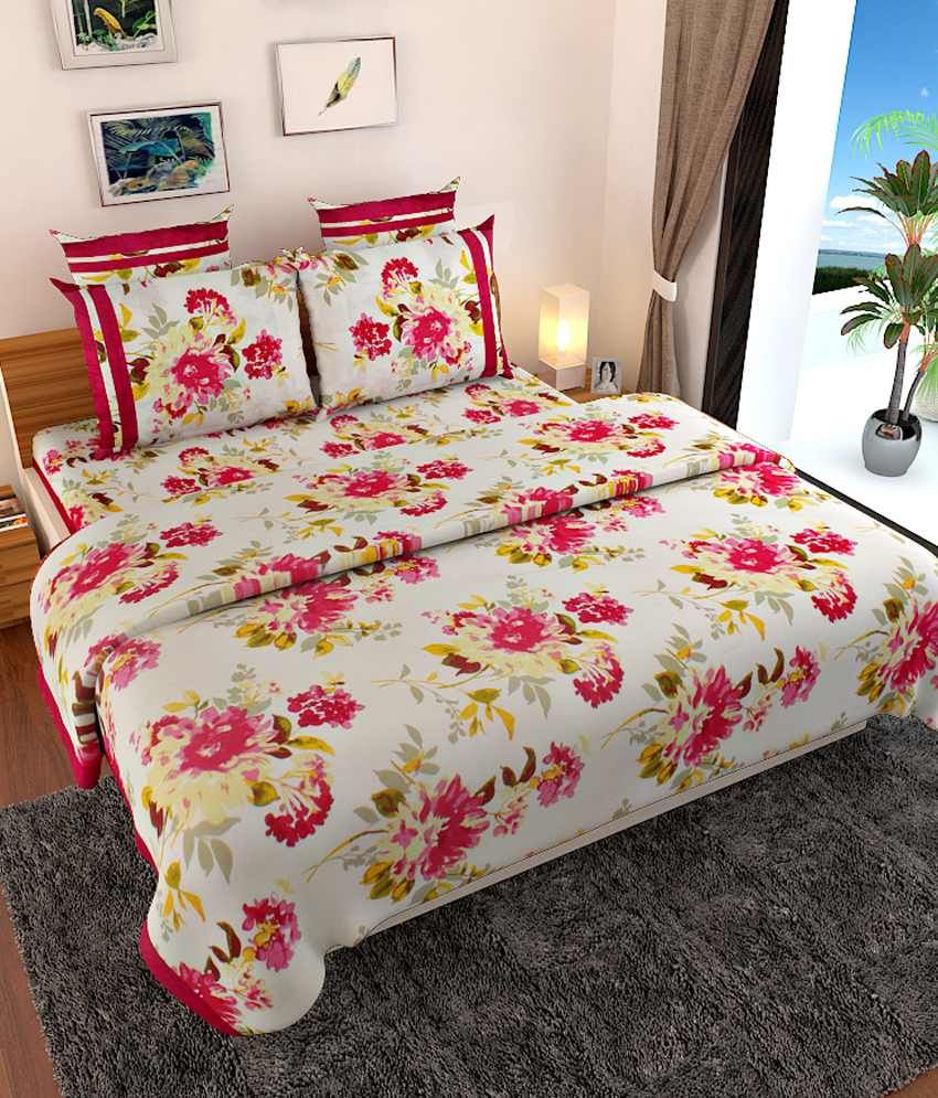 Sej By Nisha Gupta Multicolour Floral Cotton Double Bed Sheet With 2