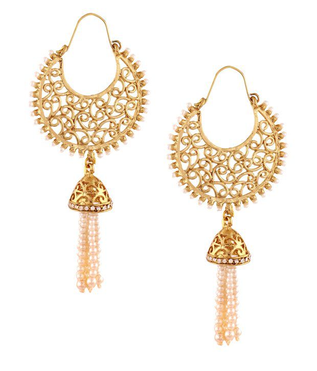     			The Jewelbox Gold Plated Filigree Pearl Festive Chaand Bali Earring