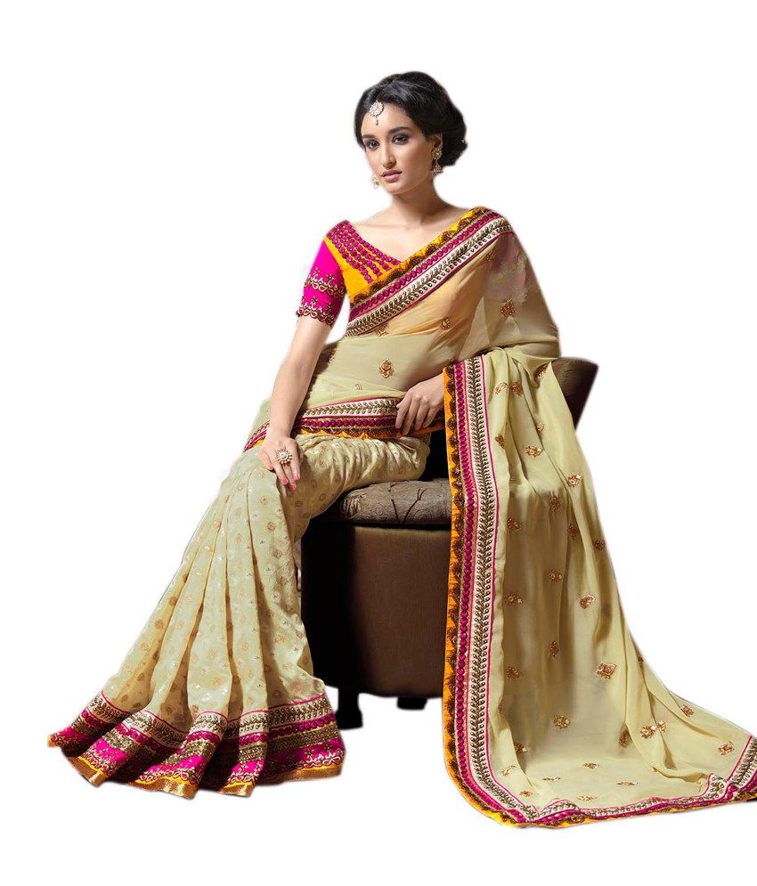 Queen's Beige Pure Georgette Embroidered Saree With Blouse Piece - Buy ...