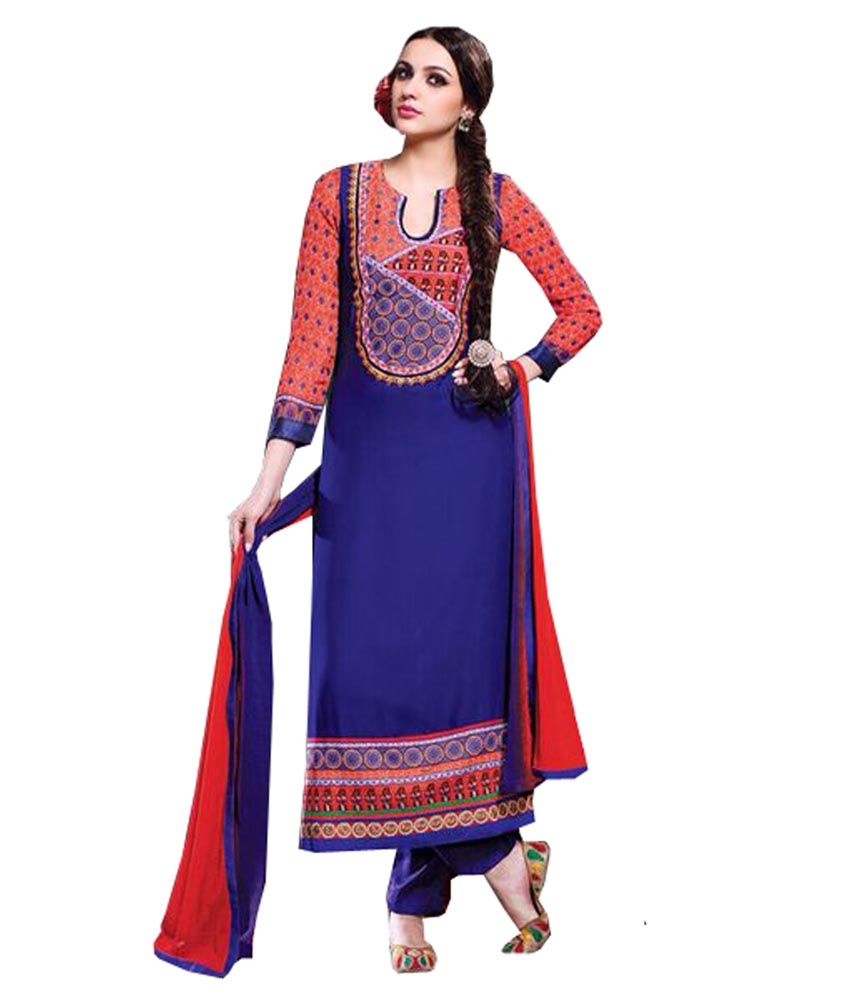 Style Mania Blue Embroidered Faux Georgette Semi Stitched Suit Straight