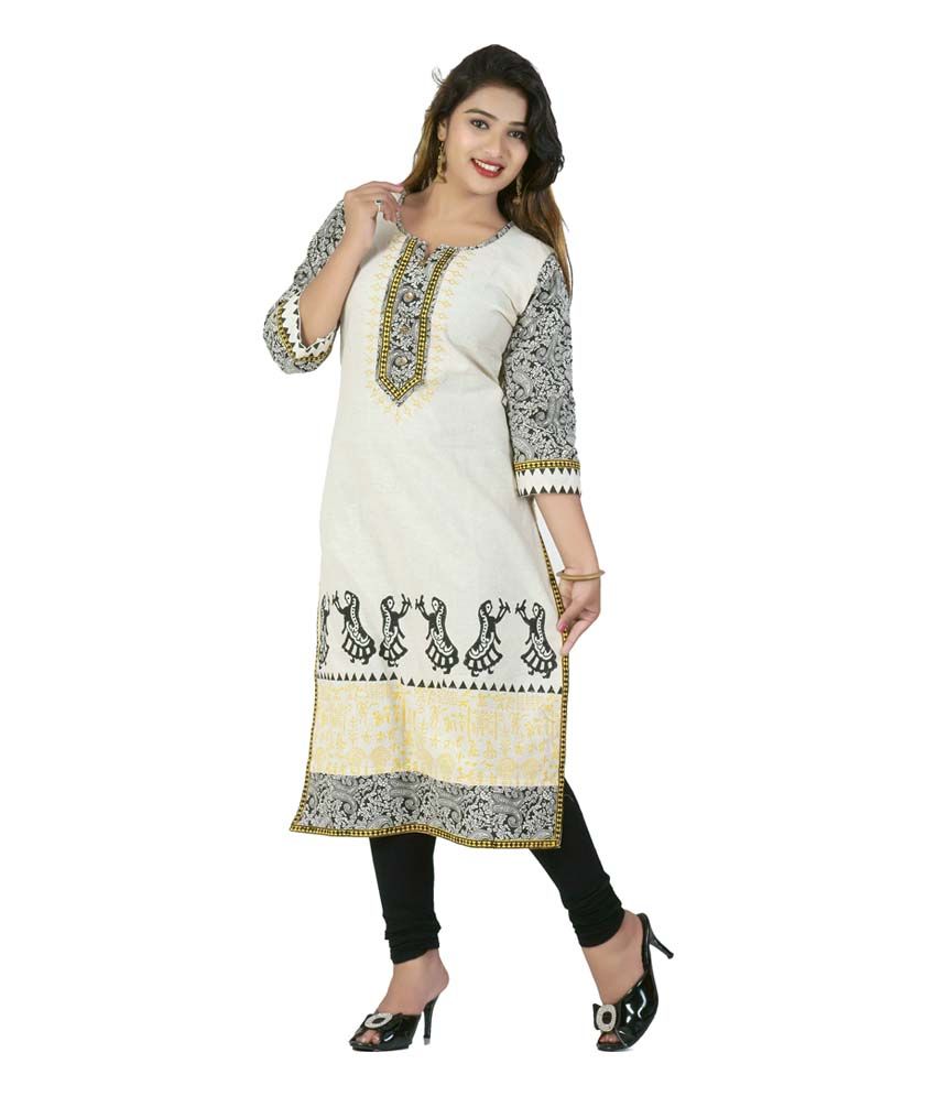 Raavee White Embroidered Cotton Round Neck Long Kurti Price in India ...