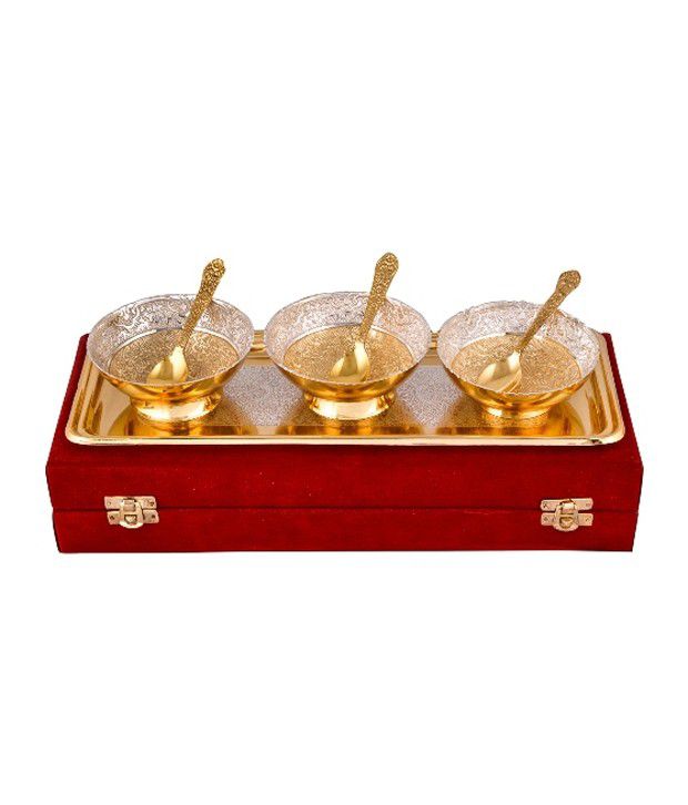 RAJLAXMI Silver & Gold Plated 3 Heavy Flower Bowl With Spoon With Tray