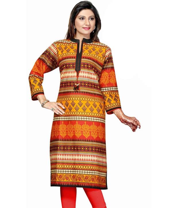 Prem Kurtis Orange Cotton Long 3/4th Sleeves Printed Designer Kurti