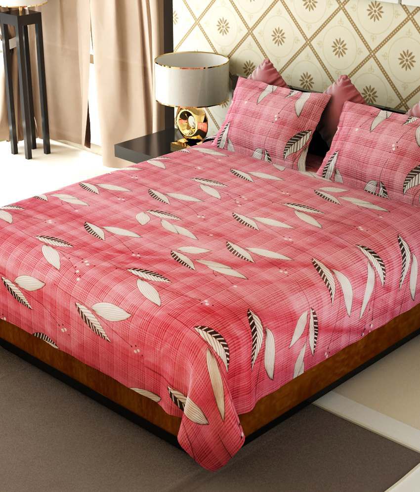     			Amethyst Pink Leaves  Poly Cotton Double Bed Sheet With 2 Pillow Covers