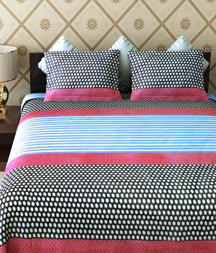 Home Candy Multicolour Stripes Cotton Double Bedsheet With 2 Pillow