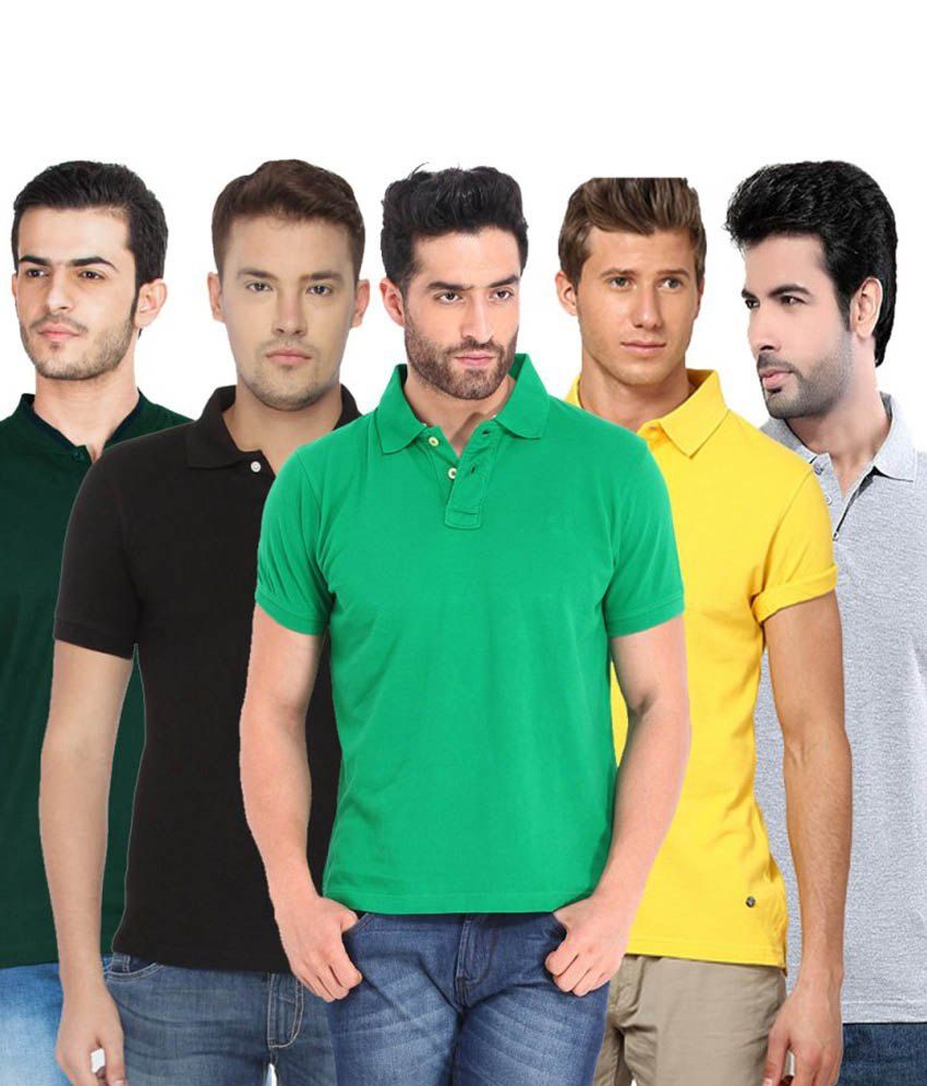     			Concepts Pack Of Gray Bottle Green Black Yellow And Green Polo T Shirts Pack of 5 T-shirts