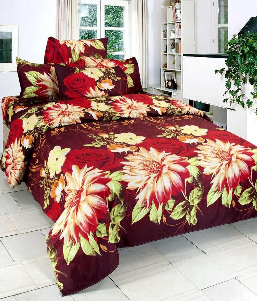 Vertex Red 3D Floral Double Bedsheet With Freebies(2 pillow covers