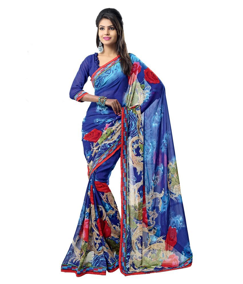 Apka Apna Fashion Blue Faux Georgette Saree - Buy Apka Apna Fashion ...