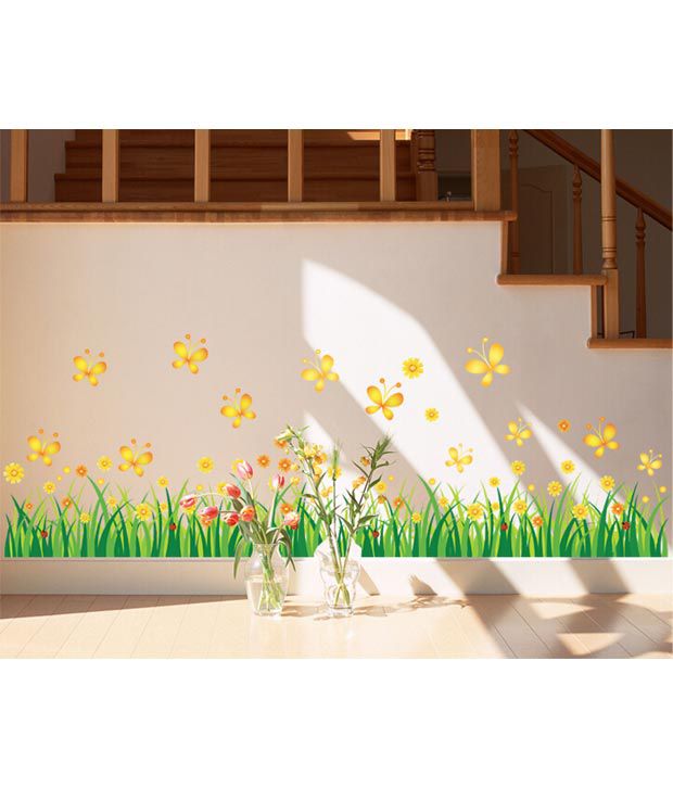     			Asmi Collection Butterfly on Grass and Flowers Wall stickers Nature Sticker ( 70 x 140 cms )
