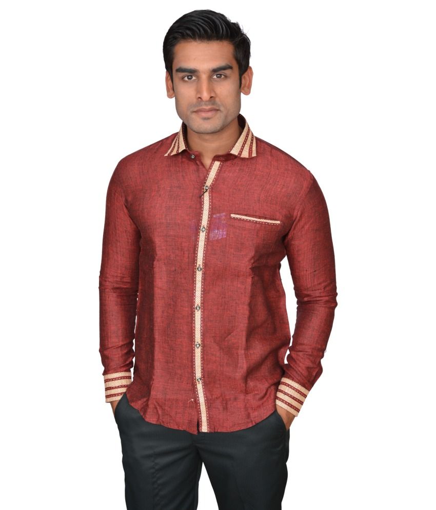 DoubleF Maroon Linen Slim Fit Men Shirt - Buy DoubleF Maroon Linen Slim ...