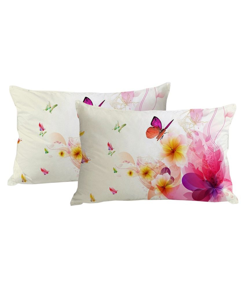     			Stybuzz White And Purple Cotton Pillow Covers- Set of 2