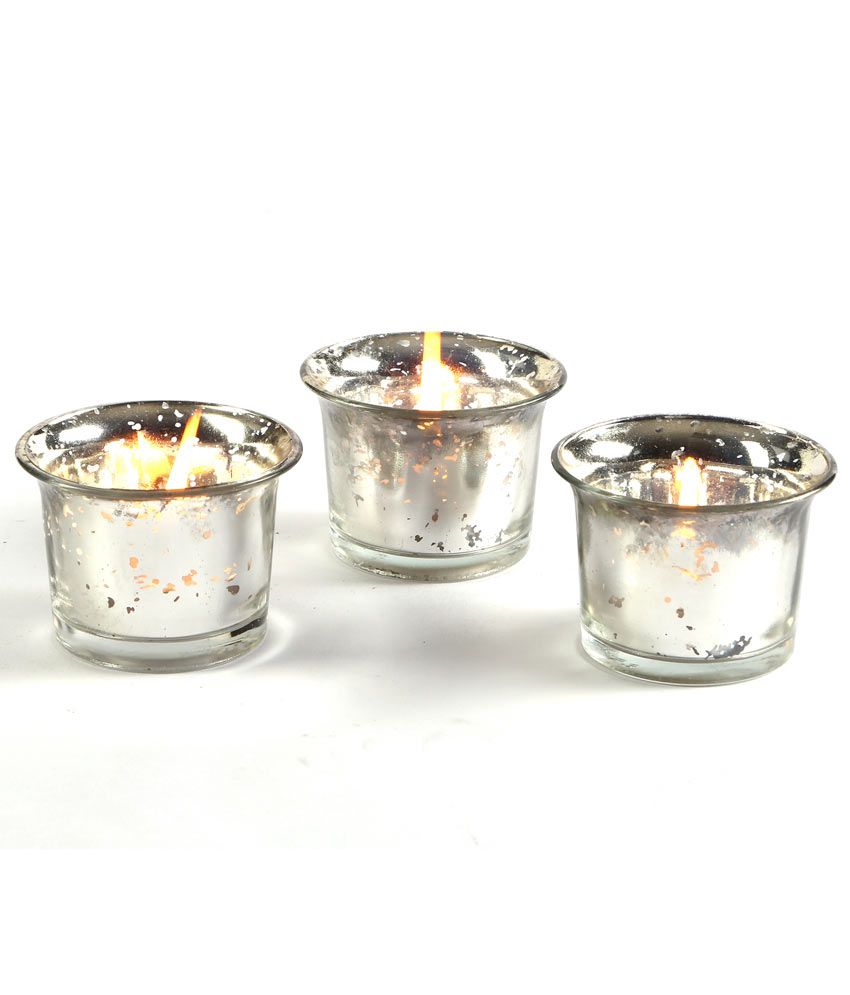 Hosley Metallic Silver Glass Candle/Tealight Holder - Set Of 3 - Set Of ...